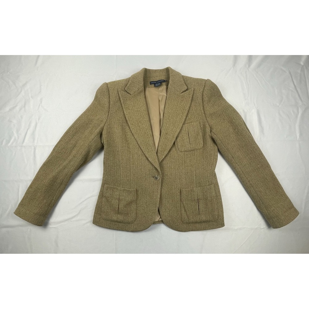 Ralph Lauren Blue Label Wool Camel Hair Herringbone Blazer Tan Beige Womens 10